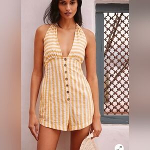 NWT Anthropologie Celandine Striped Halter Button Front Romper | Summer Resort